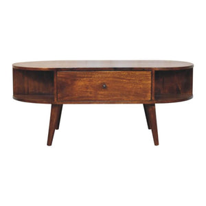 Oval Coffee Table | Solid Mango Wood | Chestnut Finish | 1 Drawer & 2 Open Shelves