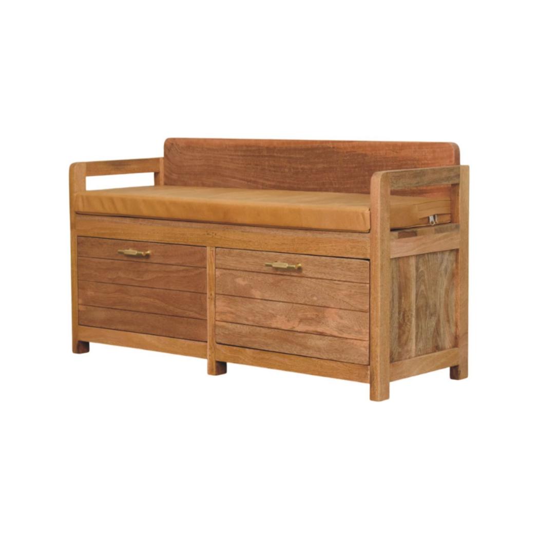 Oxford Storage Bench | Solid Mango Wood | Oak-ish Finish | 2 Drawers
