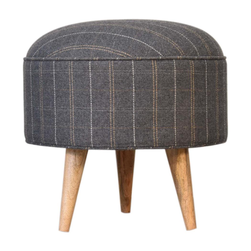 Pewter Tweed Round Footstool | Solid Mango Wood | Upholstered Seat | Nordic Style