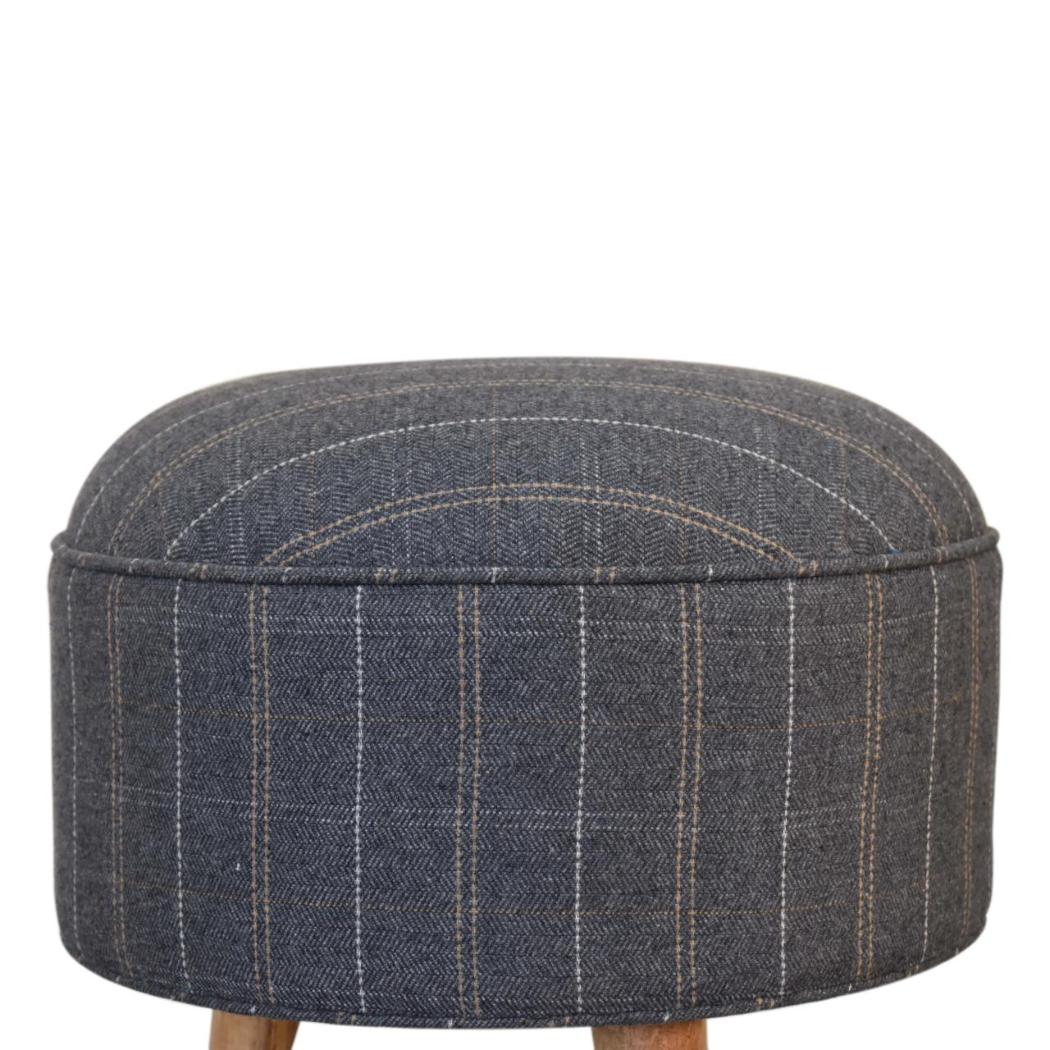 Pewter Tweed Round Footstool | Solid Mango Wood | Upholstered Seat | Nordic Style