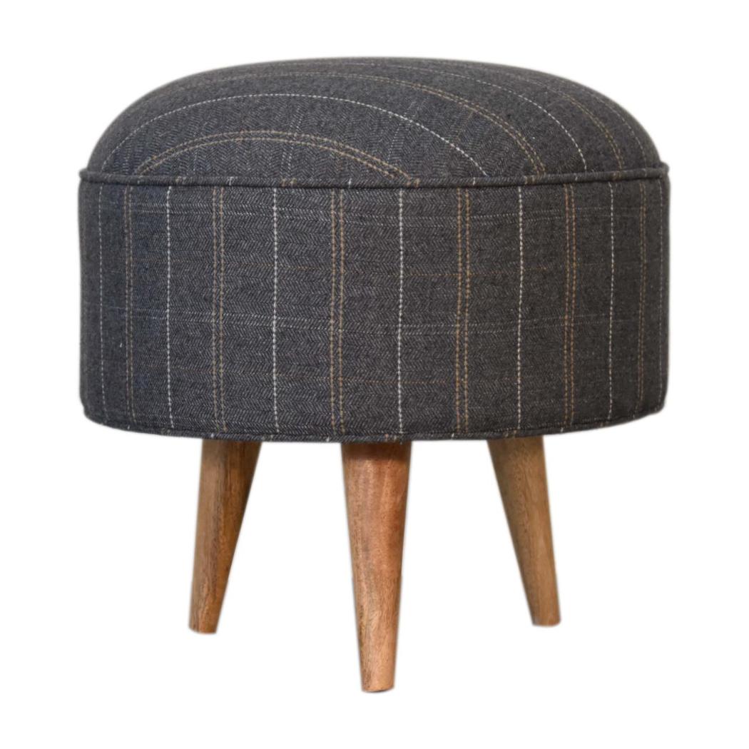 Pewter Tweed Round Footstool | Solid Mango Wood | Upholstered Seat | Nordic Style