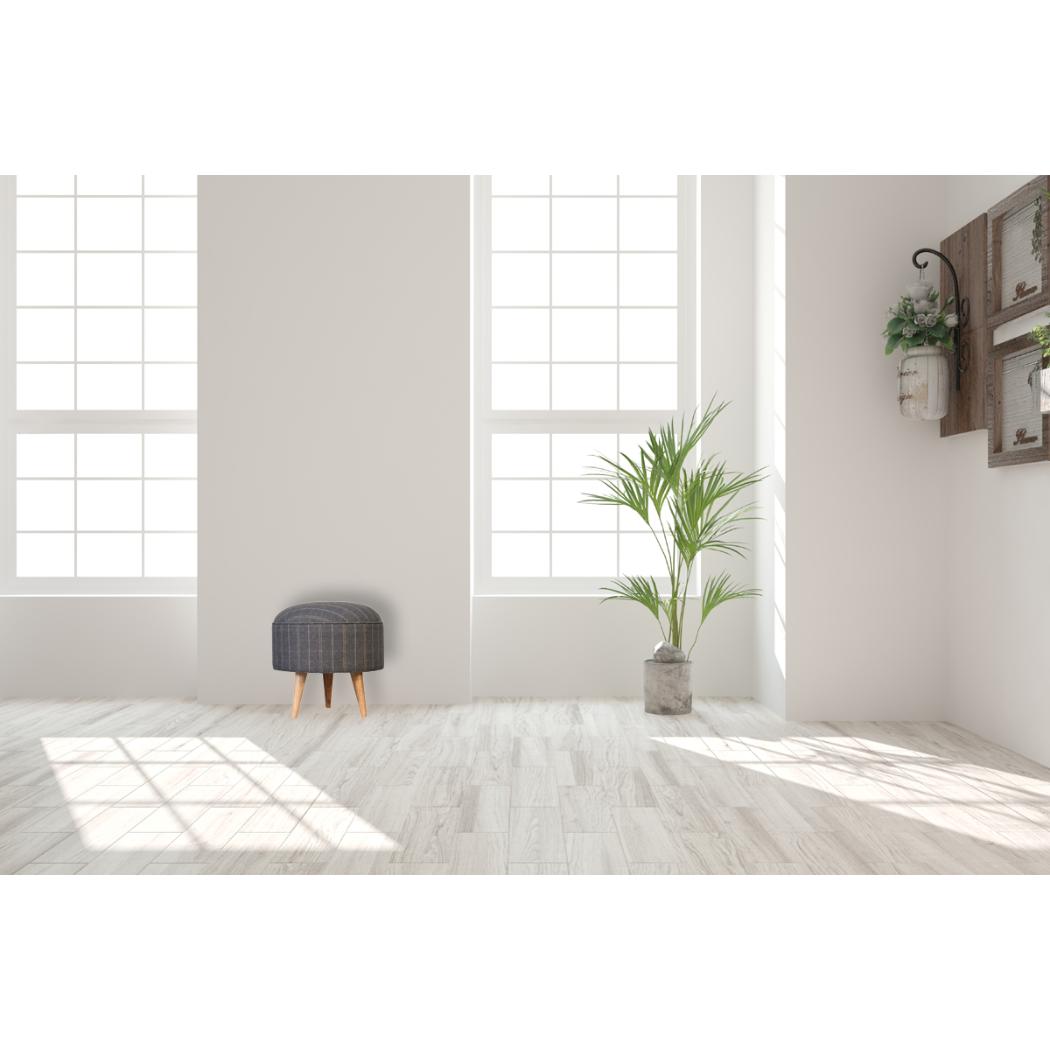 Pewter Tweed Round Footstool | Solid Mango Wood | Upholstered Seat | Nordic Style