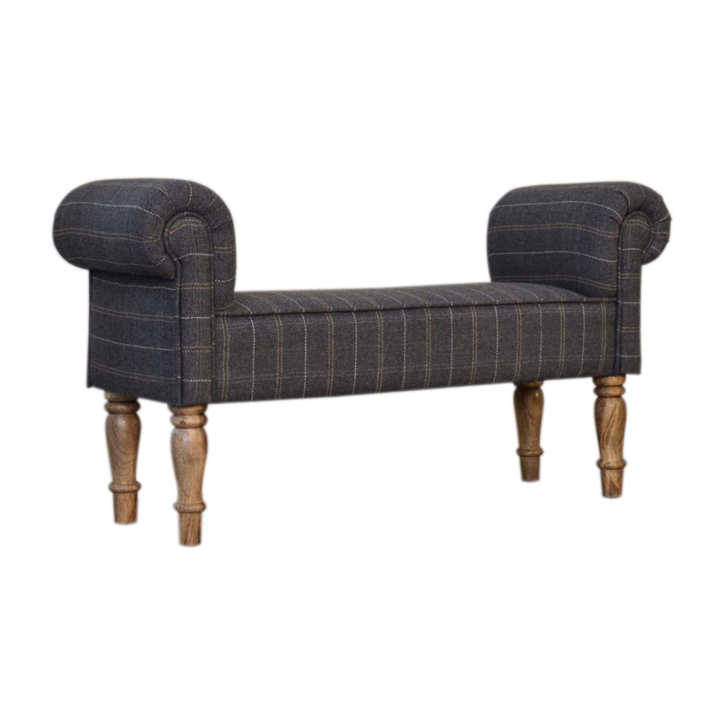 Pewter Tweed Turned Bedroom Bench | Solid Mango Wood | Oak Finish | Upholstered Bench Seat