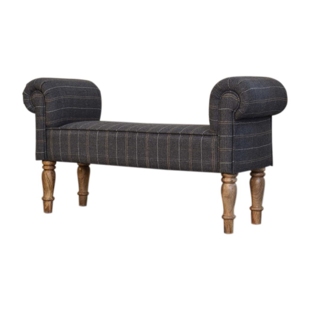 Pewter Tweed Turned Bedroom Bench | Solid Mango Wood | Oak Finish | Upholstered Bench Seat