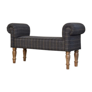 Pewter Tweed Turned Bedroom Bench | Solid Mango Wood | Oak Finish | Upholstered Bench Seat