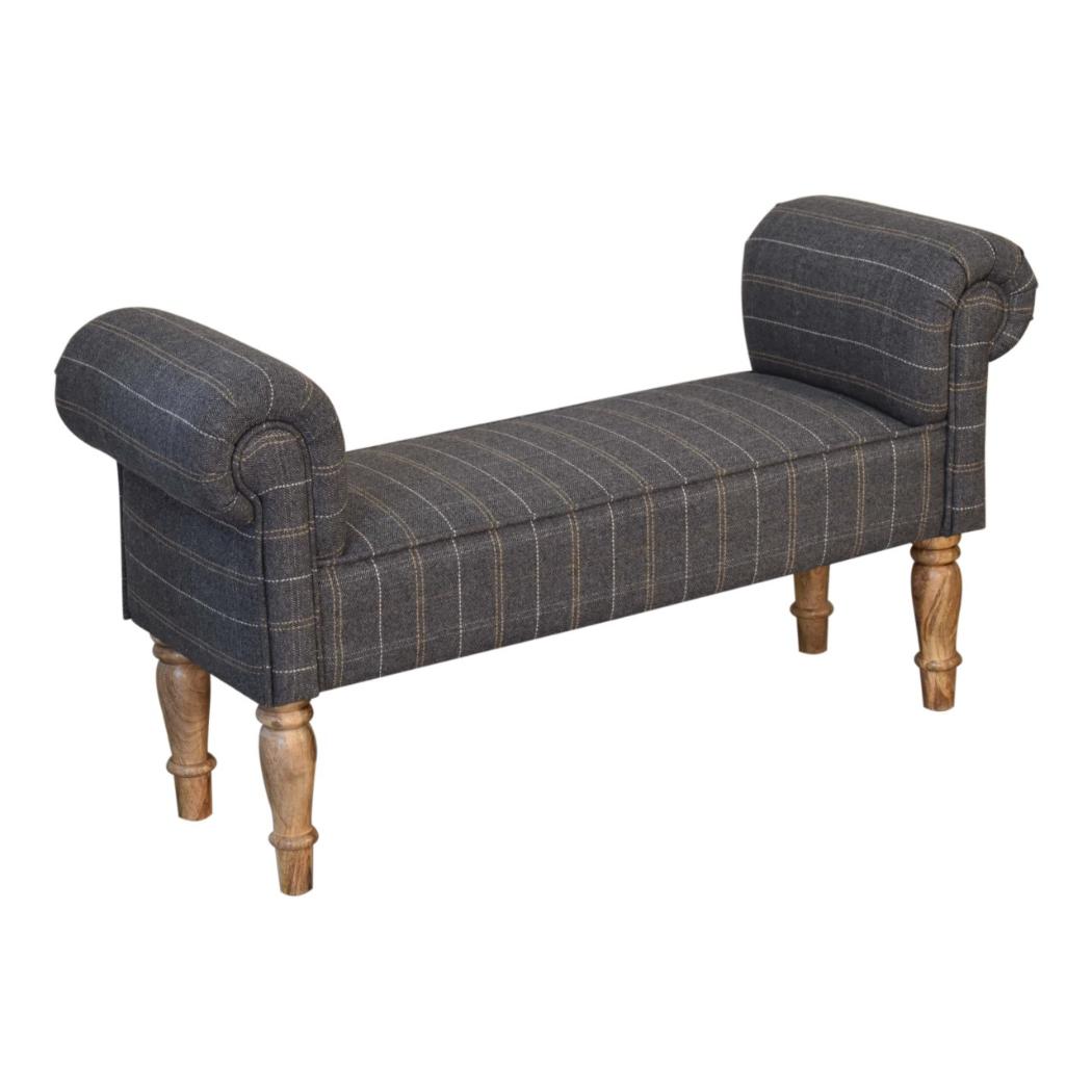 Pewter Tweed Turned Bedroom Bench | Solid Mango Wood | Oak Finish | Upholstered Bench Seat