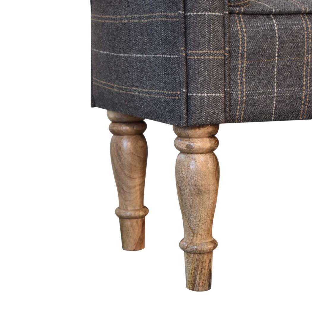 Pewter Tweed Turned Bedroom Bench | Solid Mango Wood | Oak Finish | Upholstered Bench Seat