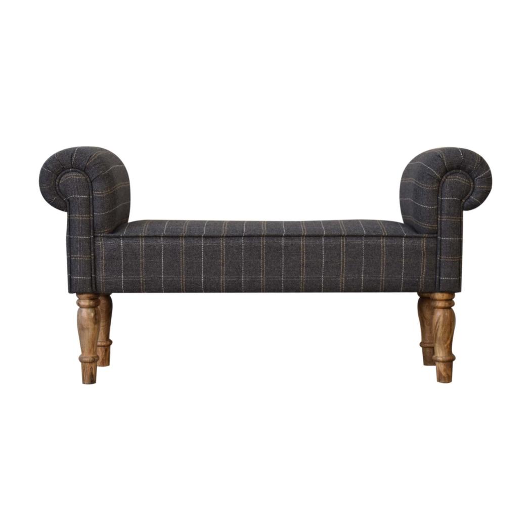 Pewter Tweed Turned Bedroom Bench | Solid Mango Wood | Oak Finish | Upholstered Bench Seat