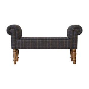 Pewter Tweed Turned Bedroom Bench | Solid Mango Wood | Oak Finish | Upholstered Bench Seat