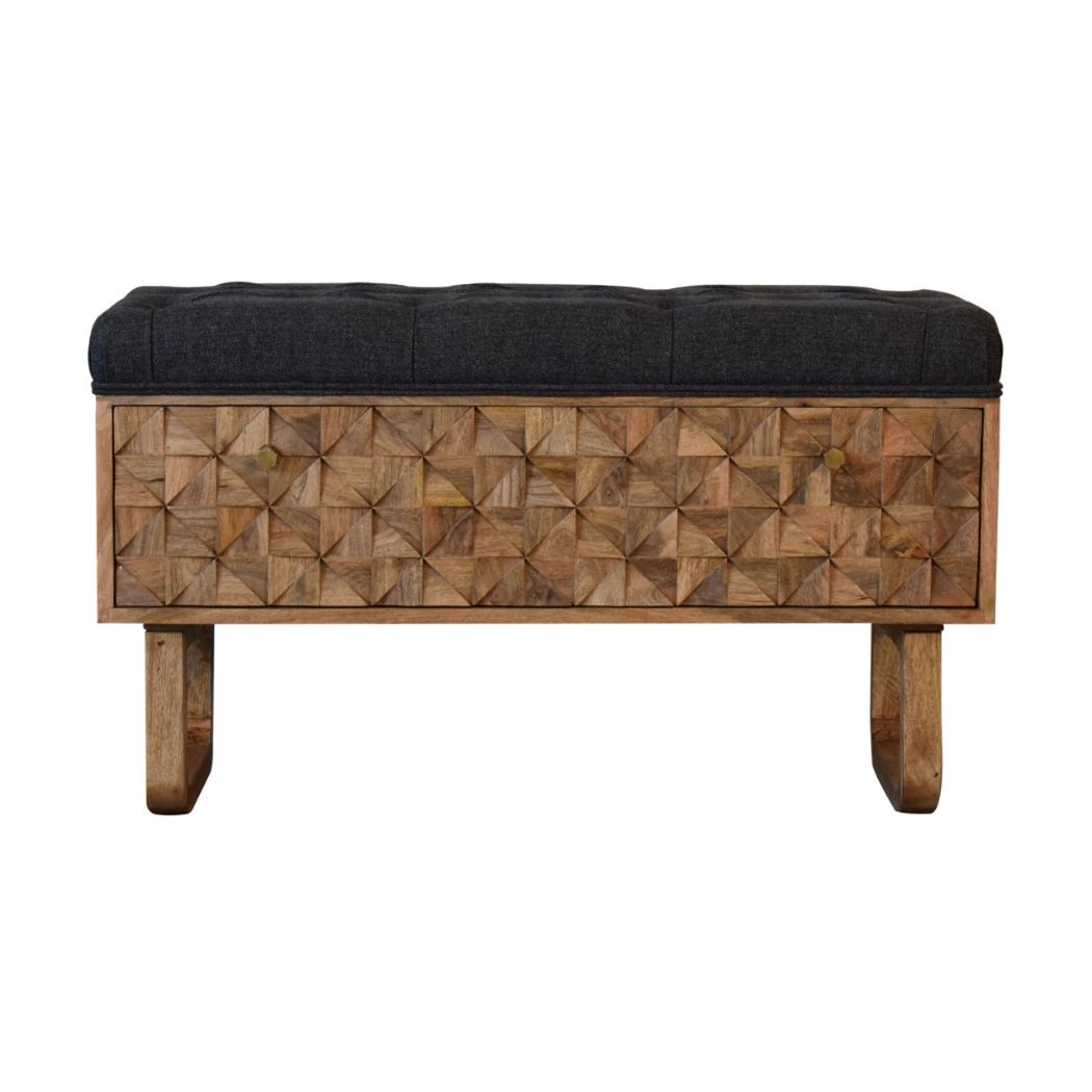 Pineapple Carved Bench | Black Tweed Upholstery | Statement Accent Seating
