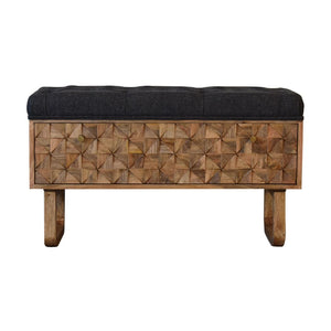 Pineapple Carved Bench | Black Tweed Upholstery | Statement Accent Seating