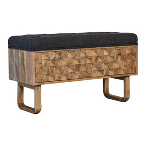 Pineapple Carved Bench | Black Tweed Upholstery | Statement Accent Seating