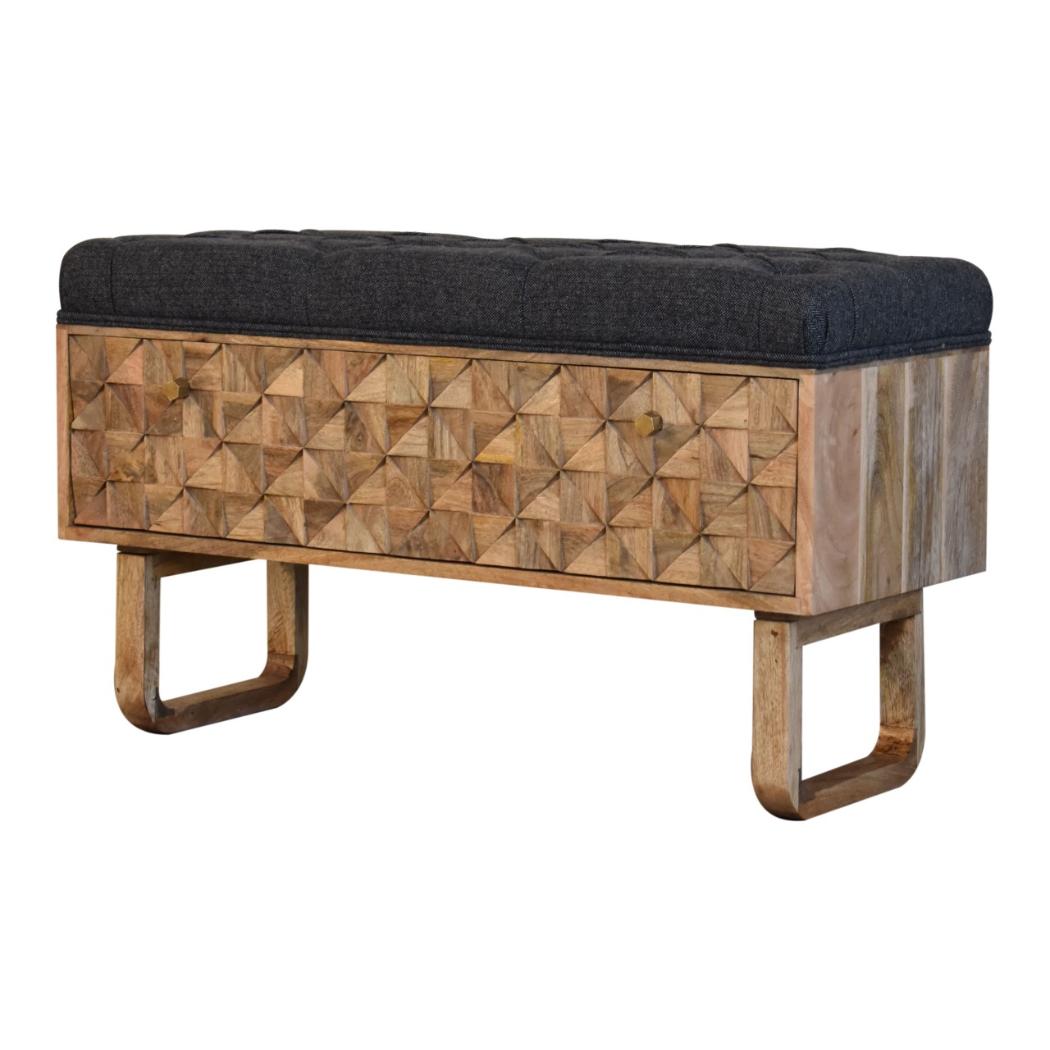 Pineapple Carved Bench | Black Tweed Upholstery | Statement Accent Seating