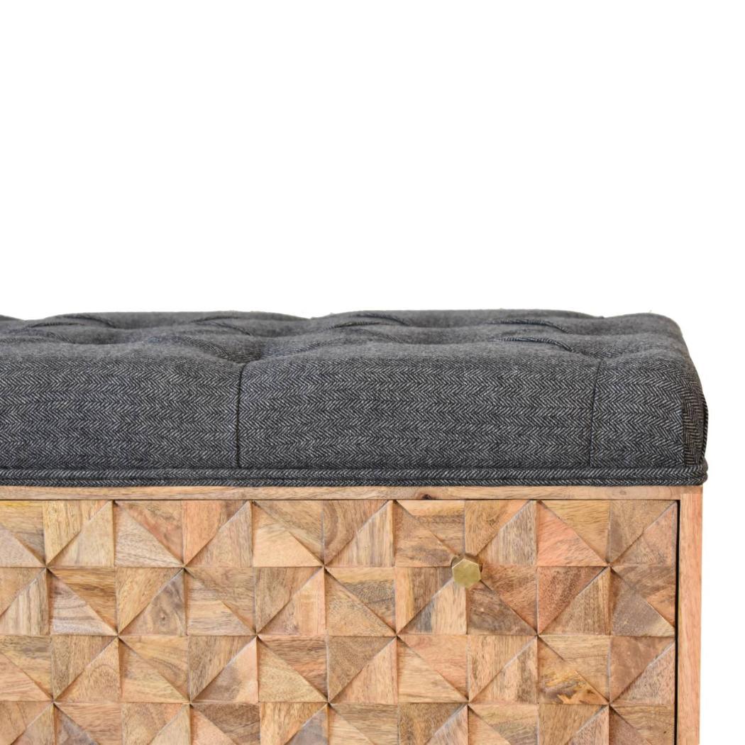 Pineapple Carved Bench | Black Tweed Upholstery | Statement Accent Seating