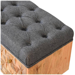 Pineapple Carved Bench | Black Tweed Upholstery | Statement Accent Seating