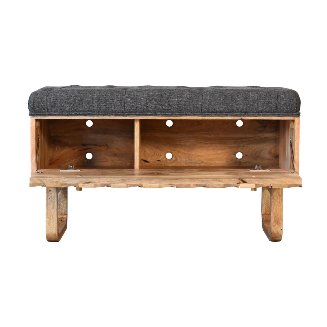 Pineapple Carved Bench | Black Tweed Upholstery | Statement Accent Seating