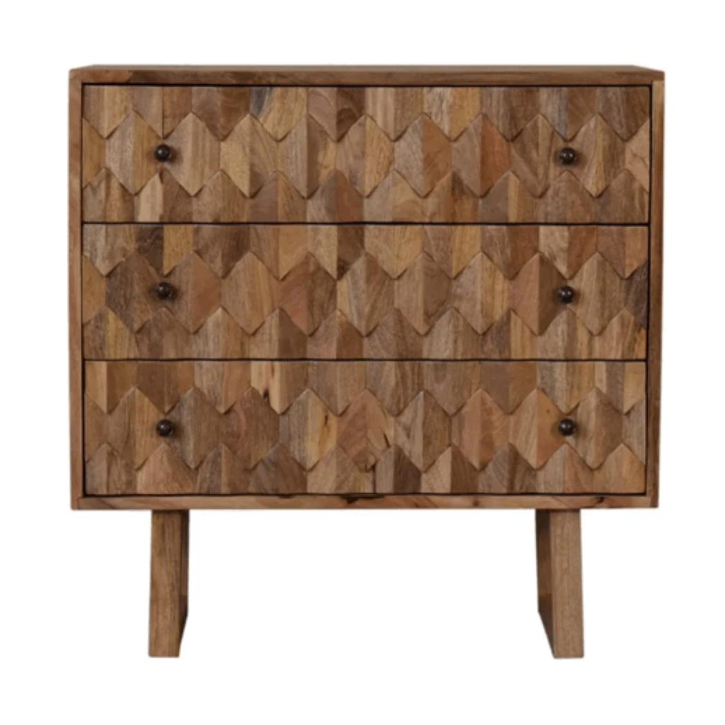 Pineapple Carved Chest | Solid Mango Wood | Oak Finish | 3 Drawers