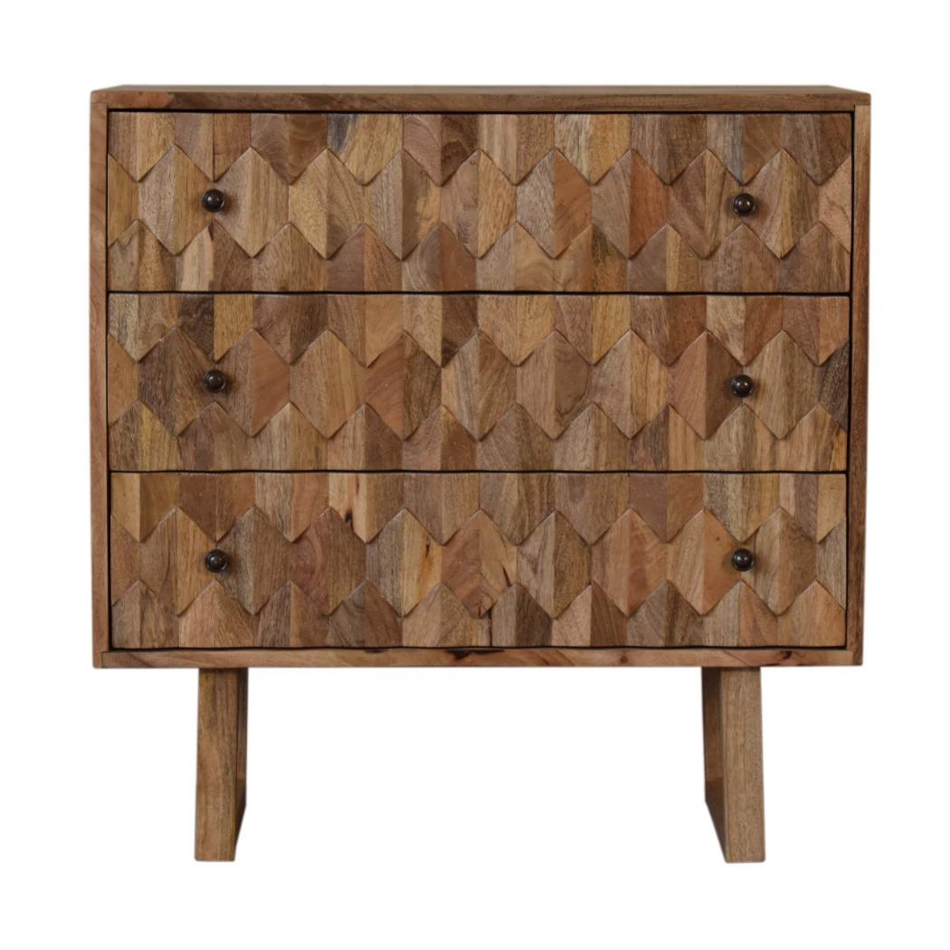 Pineapple Carved Chest | Solid Mango Wood | Oak Finish | 3 Drawers