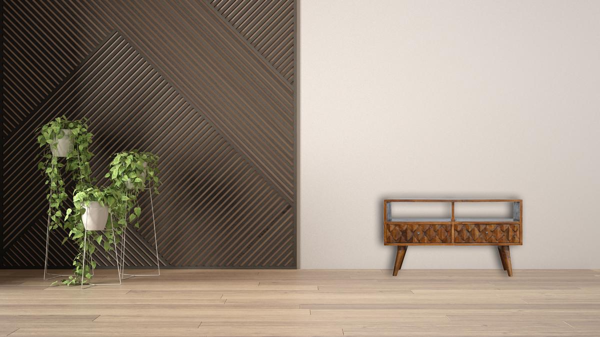 Pineapple Carved Media Unit | Solid Mango Wood | Chestnut Finish | TV Storage Console