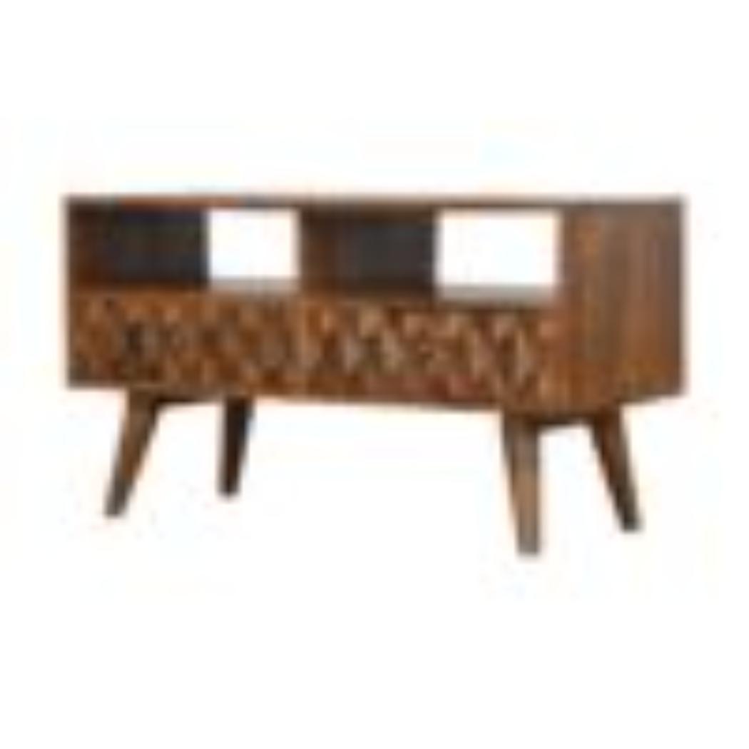 Pineapple Carved Media Unit | Solid Mango Wood | Chestnut Finish | TV Storage Console