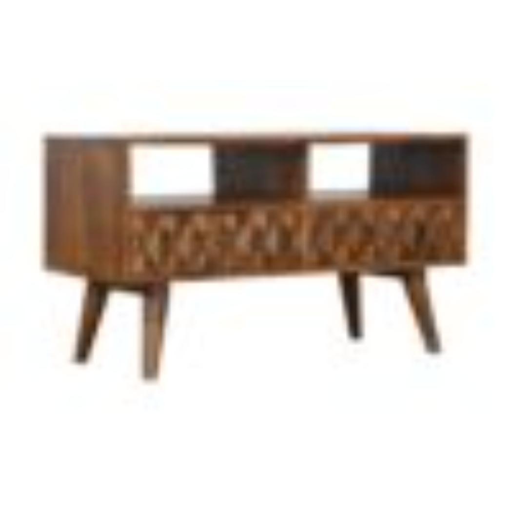 Pineapple Carved Media Unit | Solid Mango Wood | Chestnut Finish | TV Storage Console