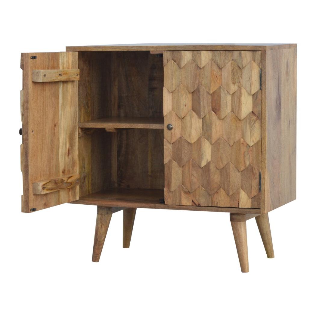 Pineapple Carved Storage Cabinet | Solid Mango Wood | Oak Finish | 2 Door Accent Cabinet