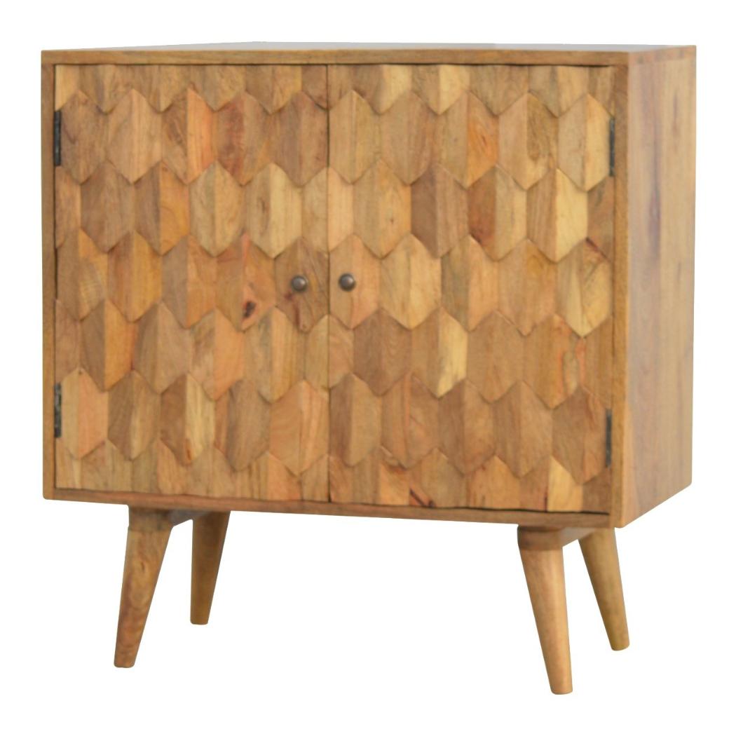 Pineapple Carved Storage Cabinet | Solid Mango Wood | Oak Finish | 2 Door Accent Cabinet