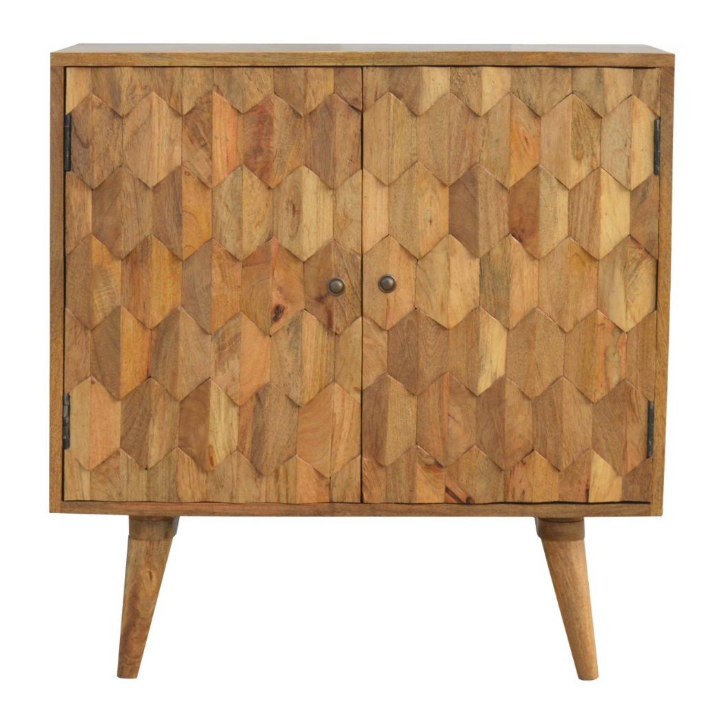 Pineapple Carved Storage Cabinet | Solid Mango Wood | Oak Finish | 2 Door Accent Cabinet