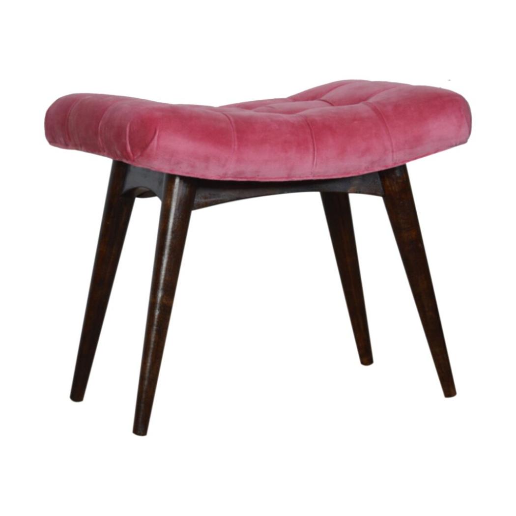 Pink Cotton Velvet Curved Bench | Upholstered Accent Seat | Bedroom & Hallway
