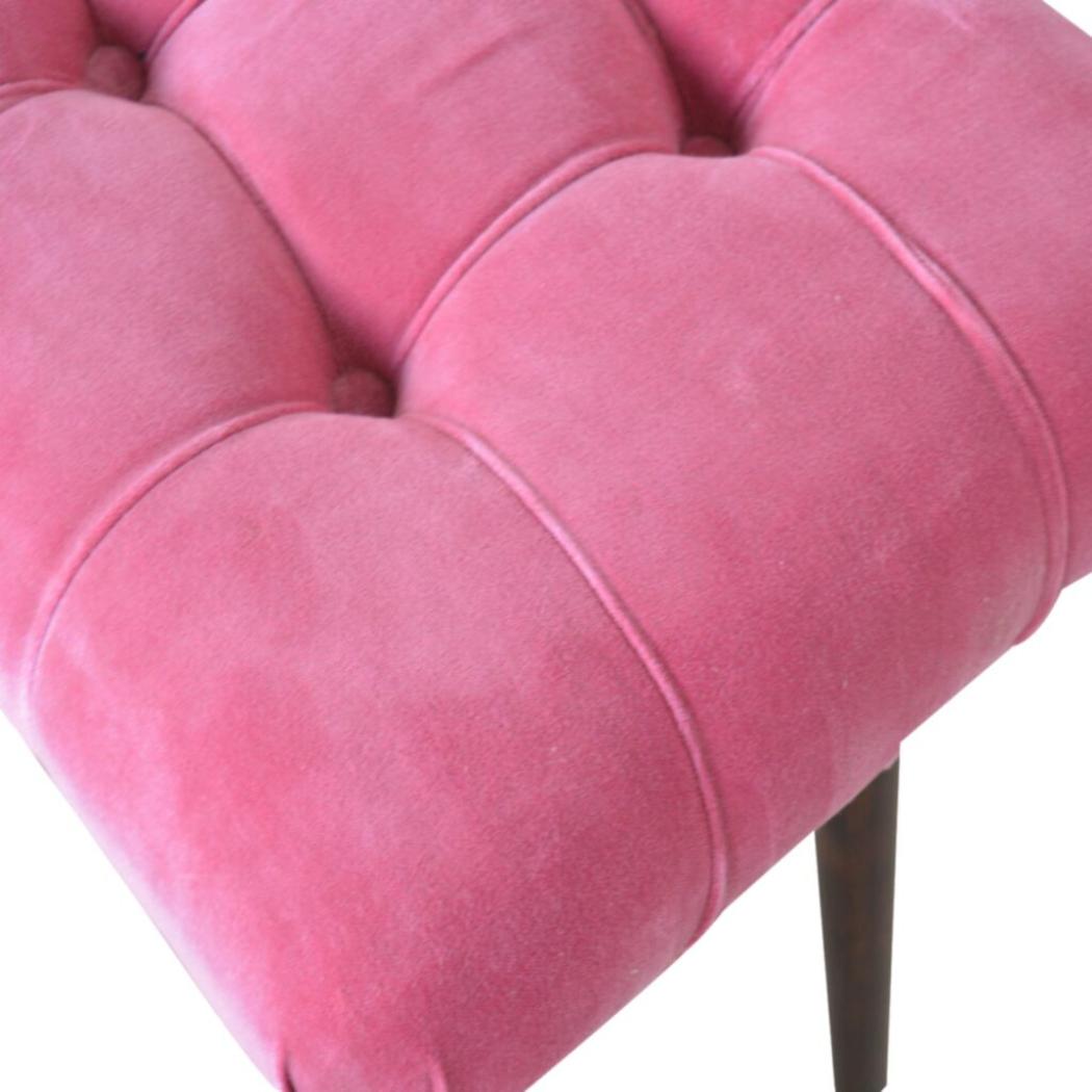 Pink Cotton Velvet Curved Bench | Upholstered Accent Seat | Bedroom & Hallway