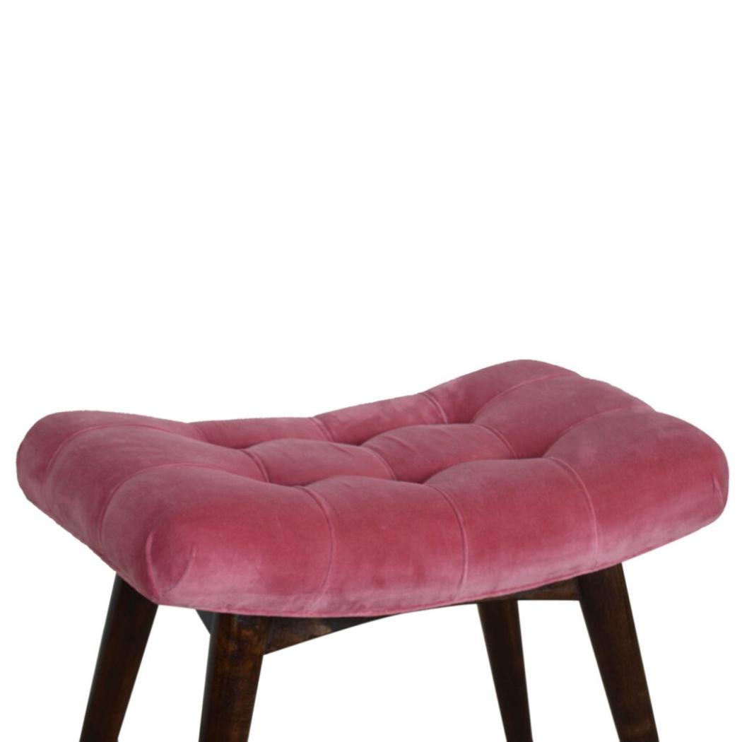 Pink Cotton Velvet Curved Bench | Upholstered Accent Seat | Bedroom & Hallway