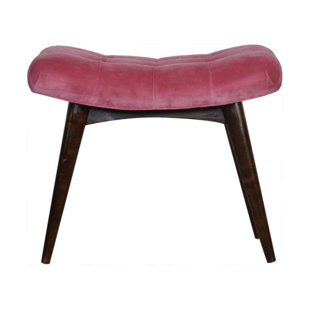 Pink Cotton Velvet Curved Bench | Upholstered Accent Seat | Bedroom & Hallway