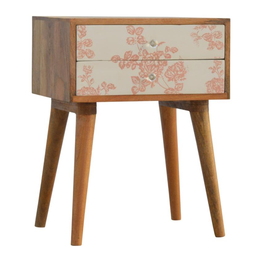 Pink Floral Mango Wood Bedside Table | 2 Drawers | Nordic Legs