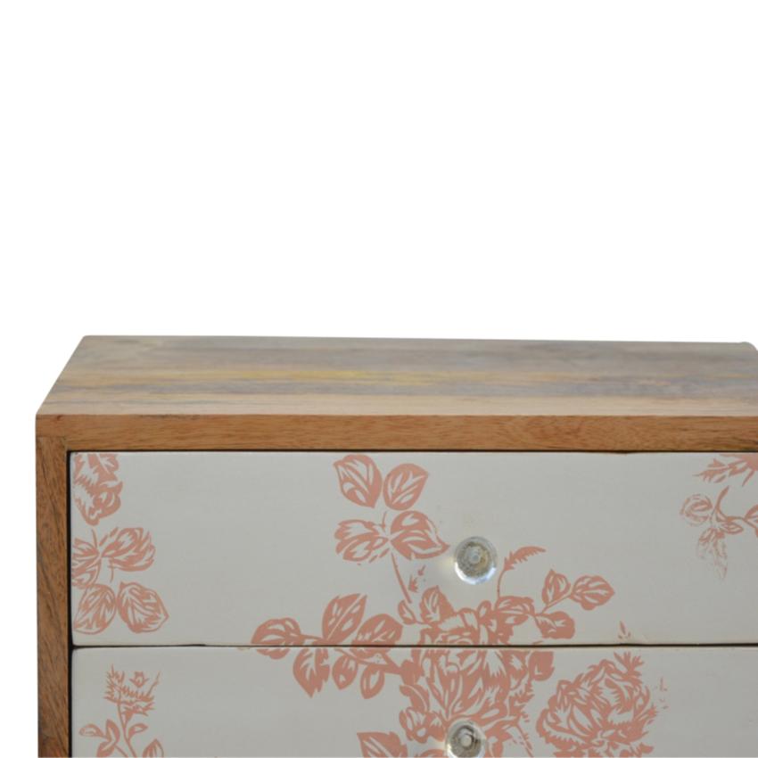Pink Floral Mango Wood Bedside Table | 2 Drawers | Nordic Legs