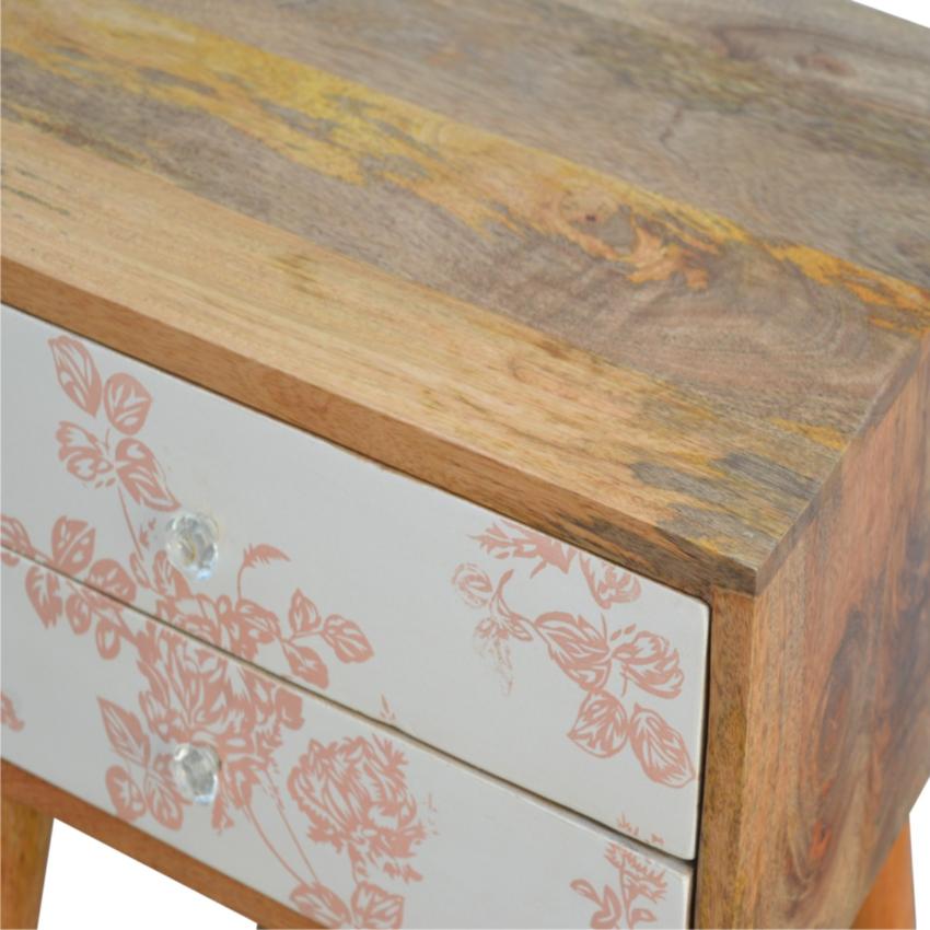 Pink Floral Mango Wood Bedside Table | 2 Drawers | Nordic Legs