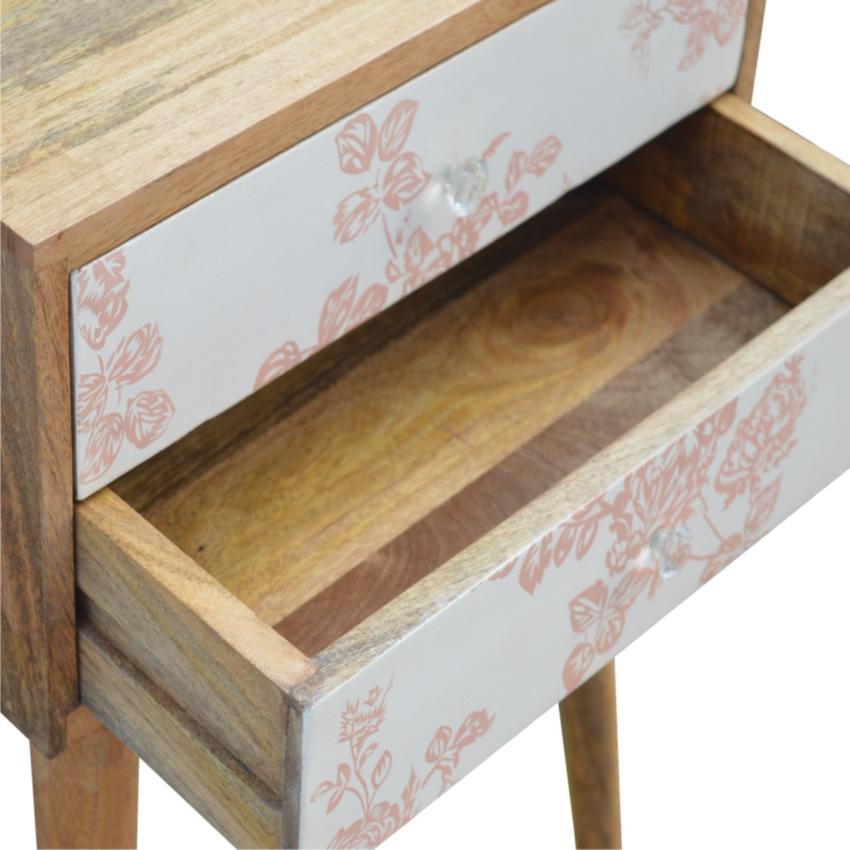 Pink Floral Mango Wood Bedside Table | 2 Drawers | Nordic Legs