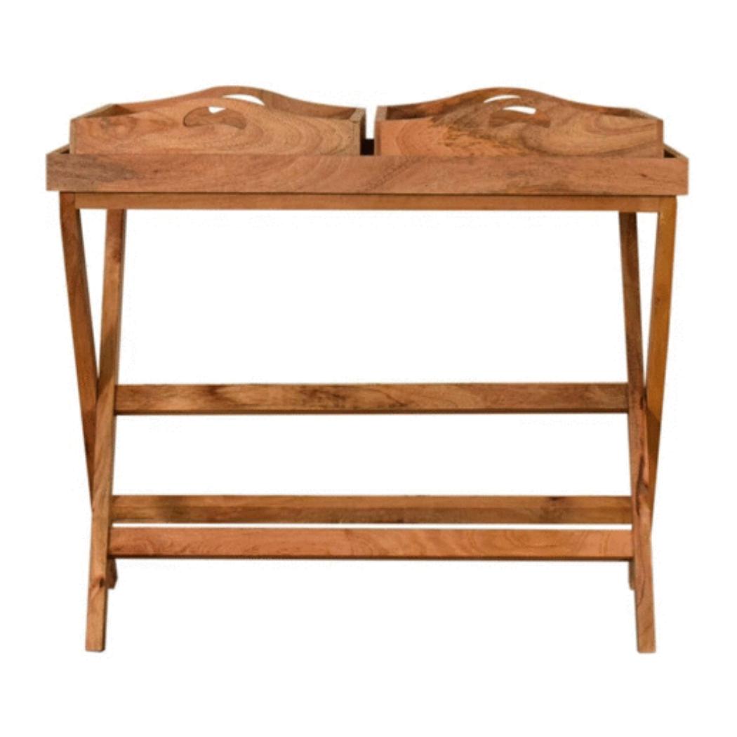 Prima Double Butler Tray Table | Solid Mango Wood | Oak Finish | 2 Removable Trays