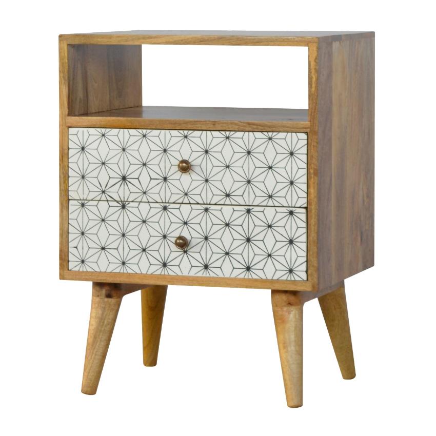 Prima Geometric Bedside Table | 2 Drawers & Open Shelf | Mango Wood