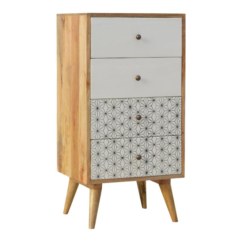 Prima Geometric Mango Wood Tallboy | 4 Drawers | Nordic Legs