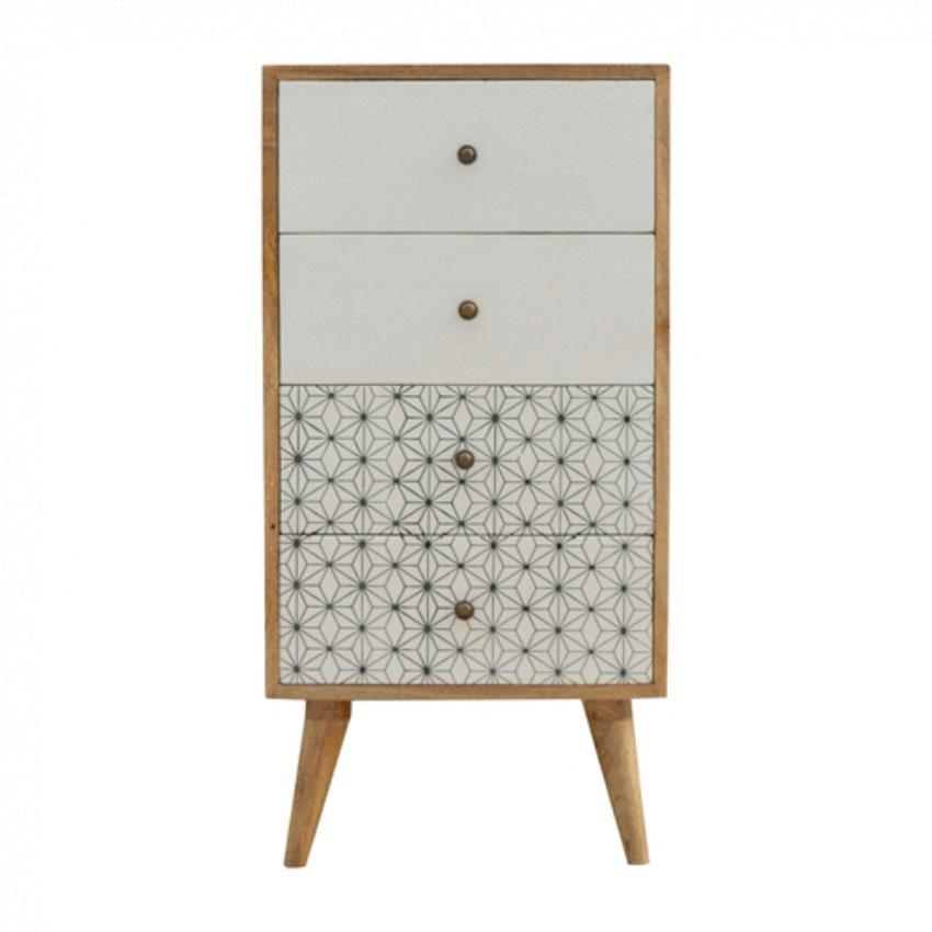 Prima Geometric Mango Wood Tallboy | 4 Drawers | Nordic Legs