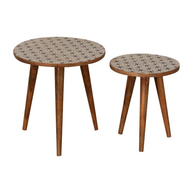 Prima Nesting Stool Set | Solid Mango Wood | Oak Finish | Round Side Tables Set of 2