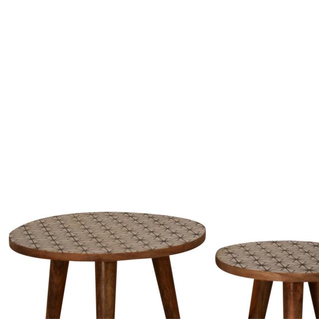 Prima Nesting Stool Set | Solid Mango Wood | Oak Finish | Round Side Tables Set of 2