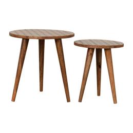 Prima Nesting Stool Set | Solid Mango Wood | Oak Finish | Round Side Tables Set of 2