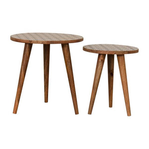 Prima Nesting Stool Set | Solid Mango Wood | Oak Finish | Round Side Tables Set of 2