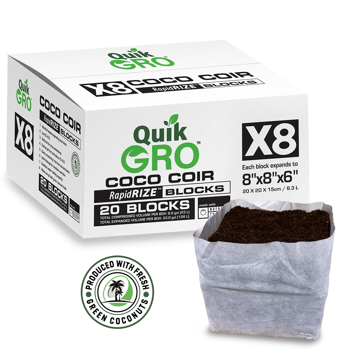 QuikGro Rapid Rize Block 8x8 Inch | Compressed Coco Coir Growing Block