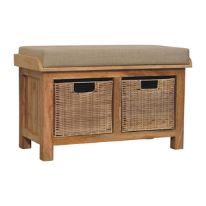 Rattan Basket Bench | Linen Upholstery | Practical Storage Seating
