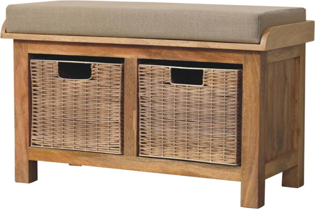 Rattan Basket Bench | Linen Upholstery | Practical Storage Seating