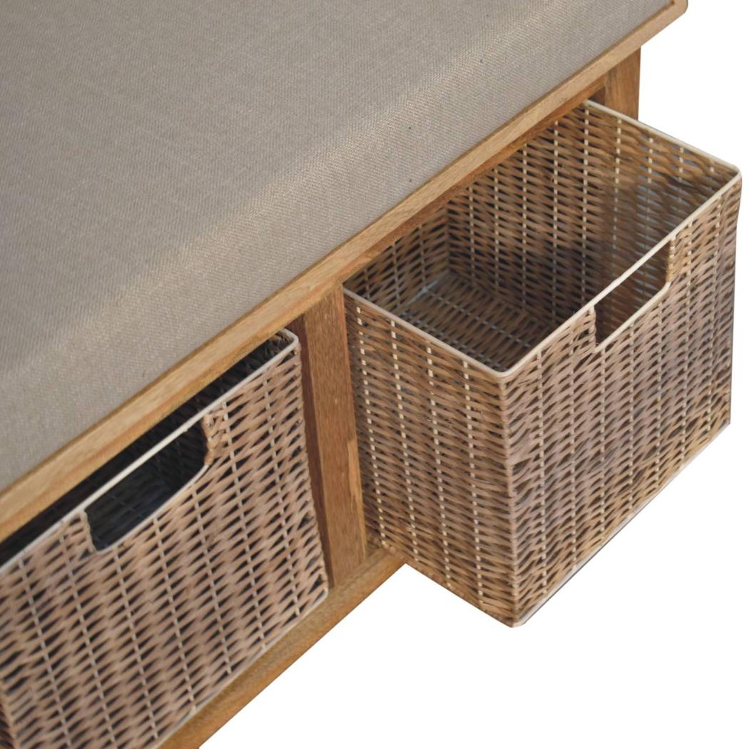 Rattan Basket Bench | Linen Upholstery | Practical Storage Seating