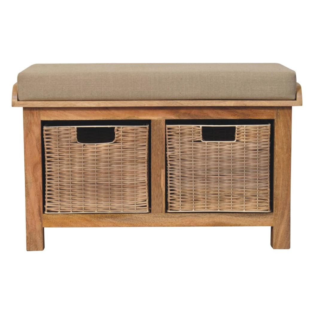 Rattan Basket Bench | Linen Upholstery | Practical Storage Seating