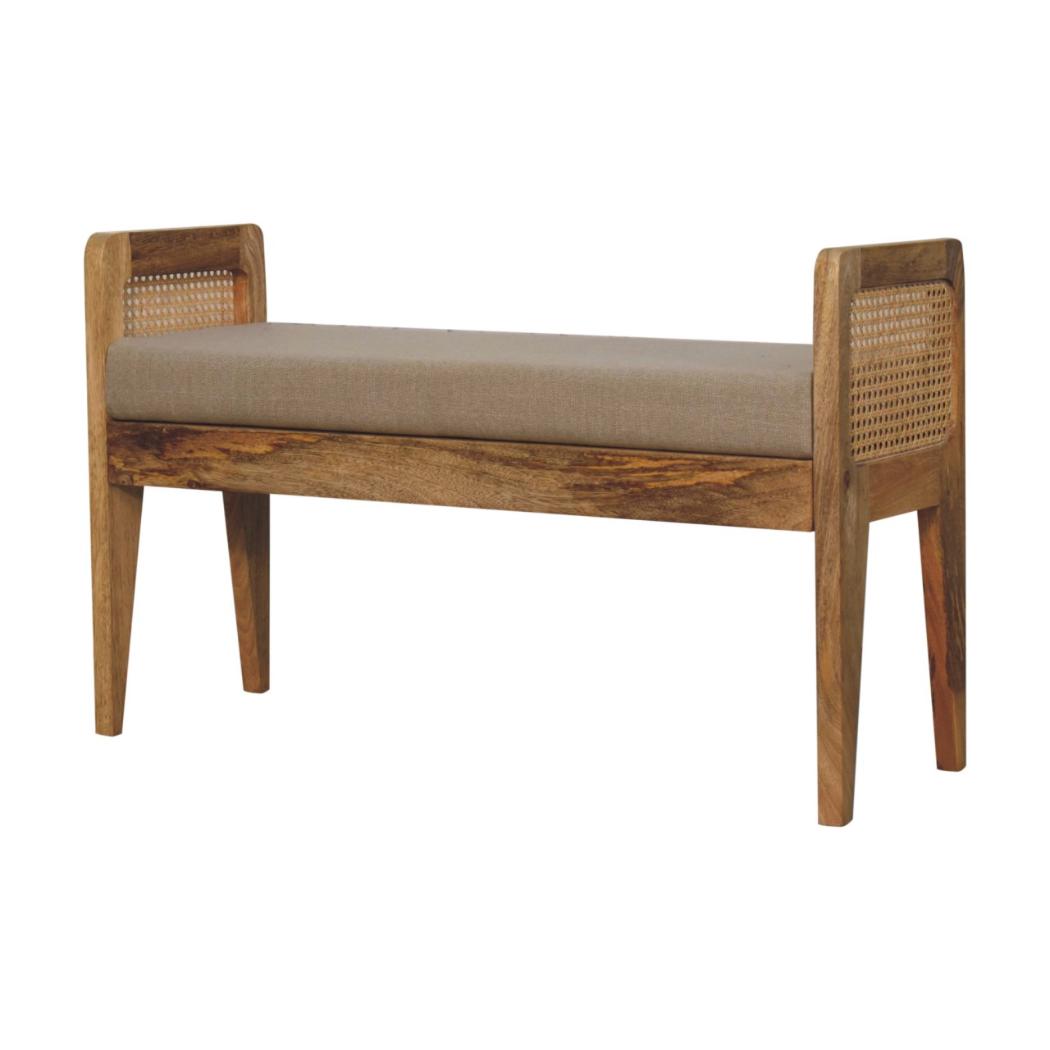 Rattan Bench | Mud Linen Upholstery | Natural Textured Seating